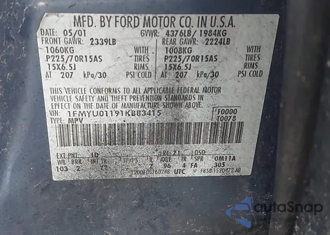 2001 Ford Escape Xls из США, поврежденный, VIN 1FMYU01191KB83415